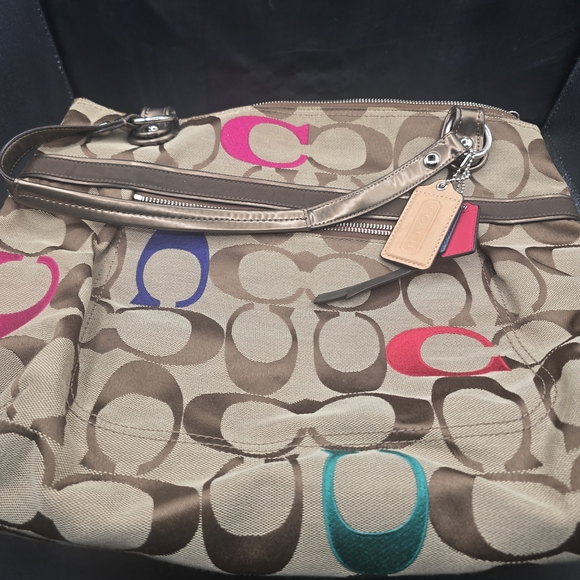 Coach Handbags - Coach Tan and Multicolor Signature Shoulder‎ Bag